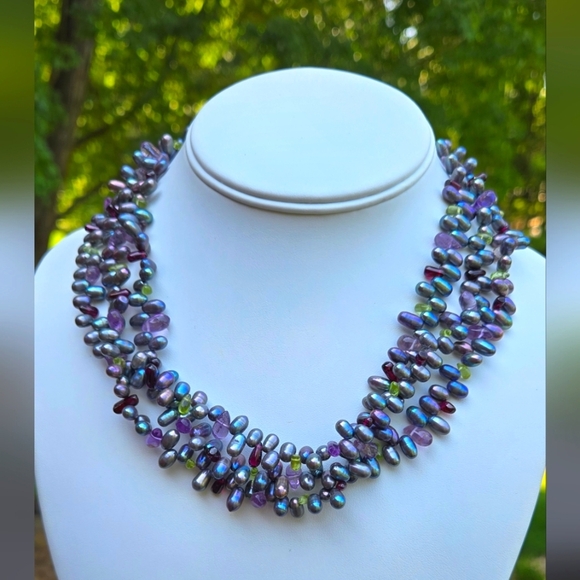 3 Strands Multicolor Peacock Pearl Necklace Amethyst With Silver Slaps - Picture 1 of 17